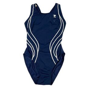 TYR Swimsuit One Piece Racerback Navy‎ Blue White Cutout Back Women's 34 Small